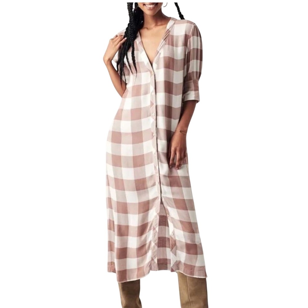 Faherty Brown White Buffalo Check Midi Shirt Dress Western Boho Cottage Core M